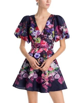 Aqua Placed Floral V Neck Mini Dress - Exclusive