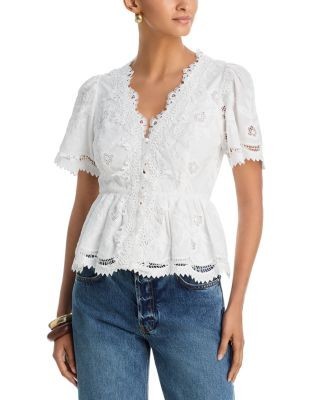 Aqua Embroidered Lace Button Down V Neck Top - Exclusive