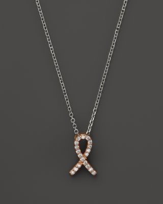 Diamond Pink Ribbon Pendant Necklace in 14K Rose and White Gold, .10 tcw, photo 3