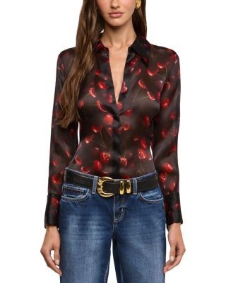 L'Agence Sona Cherry Print Sheer Silk Blouse