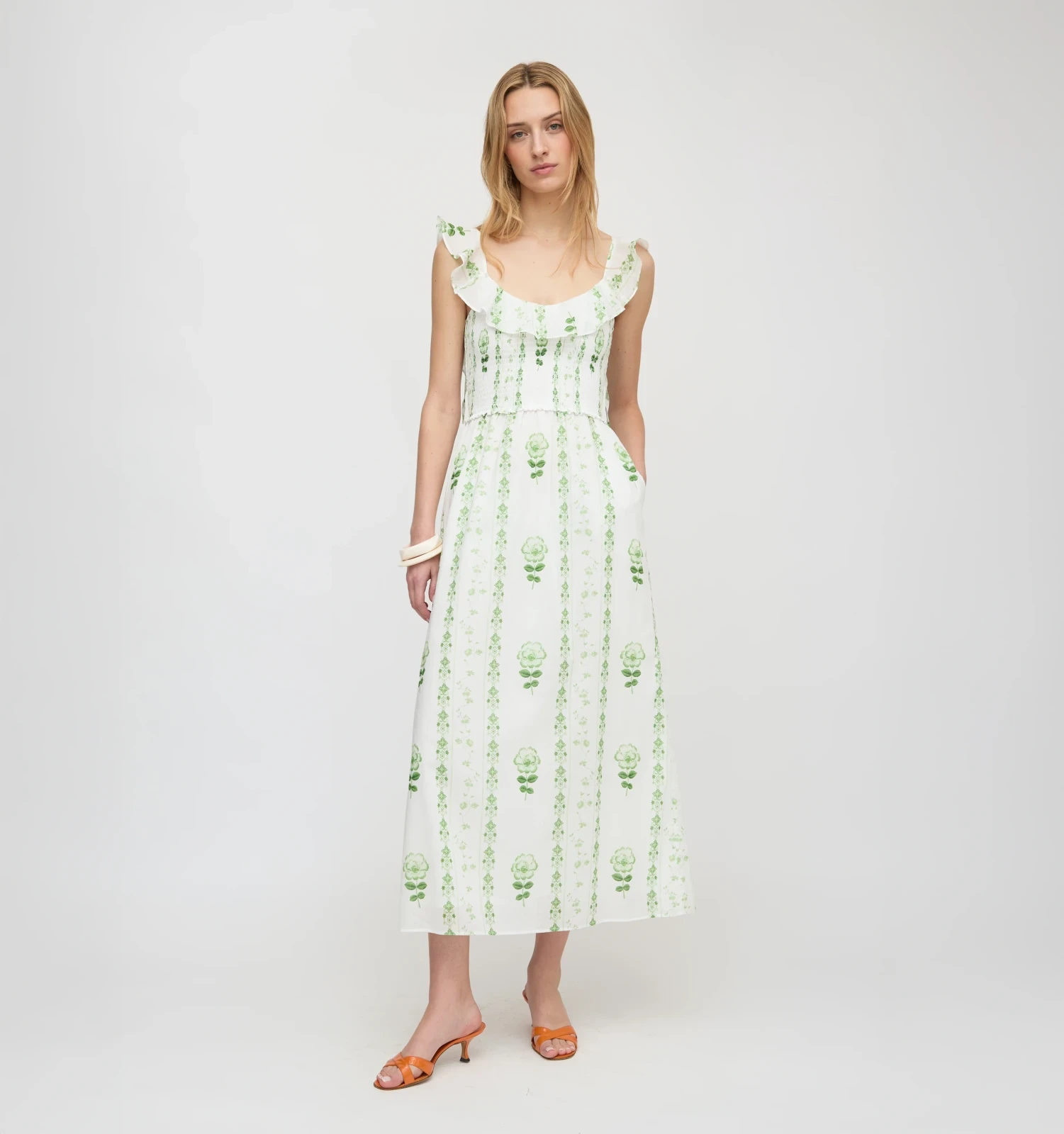 The Cambria Nap Dress - White/Green Arcadia Border