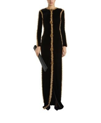 Balmain Long Velvet Dress with Embroidered Trim