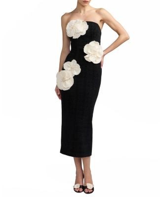 Mac Duggal Strapless Boucle Fitted Midi Dress With 3D Flowers