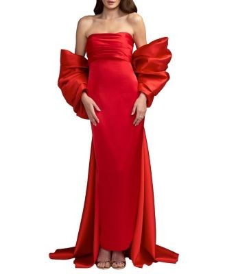 Mac Duggal Satin Strapless Ankle Dress With Oversized Bow