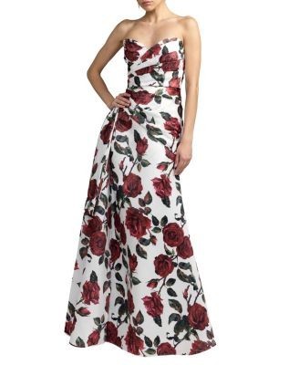 Mac Duggal Floral Strapless Satin Gown With Bow