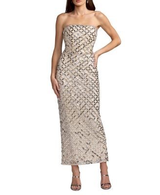 Mac Duggal Beaded Mesh Strapless Column Ankle Dress