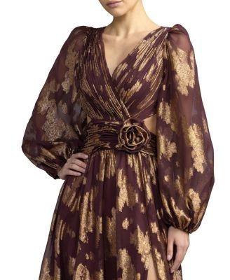 Mac Duggal Burnout Chiffon Bishop Sleeve V Neck A Line Gown