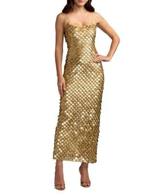 Mac Duggal Paillette Mesh Spaghetti Strap Column Ankle Dress