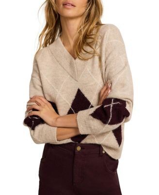 Mint Velvet Women's Argyle Knit Jumper Pullover Sweater with Long Sleeve and V-Neck