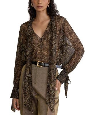 Reiss Silk Blend Tie Neck Blouse
