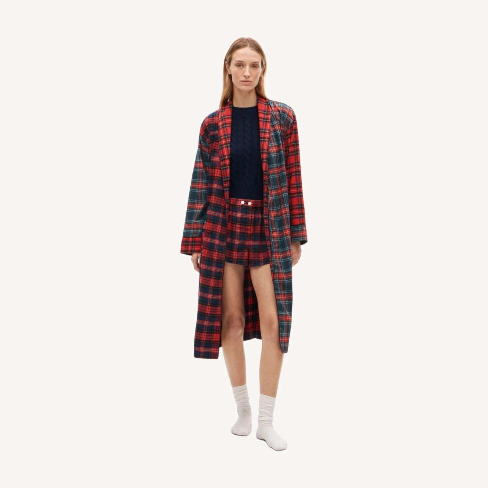 Flannel robe in mixed tartan