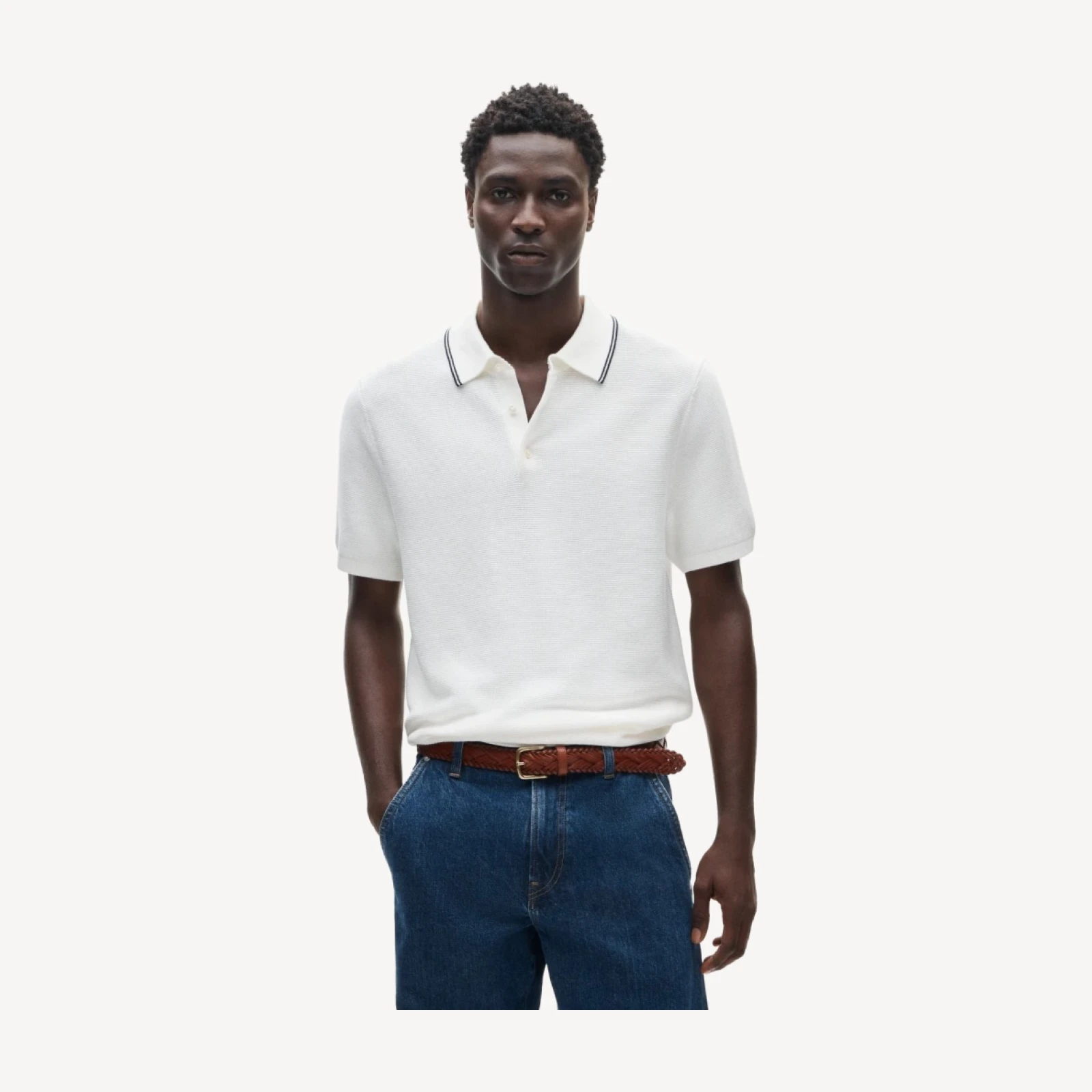 Short-sleeve tipped sweater-polo in lightweight Pima cotton