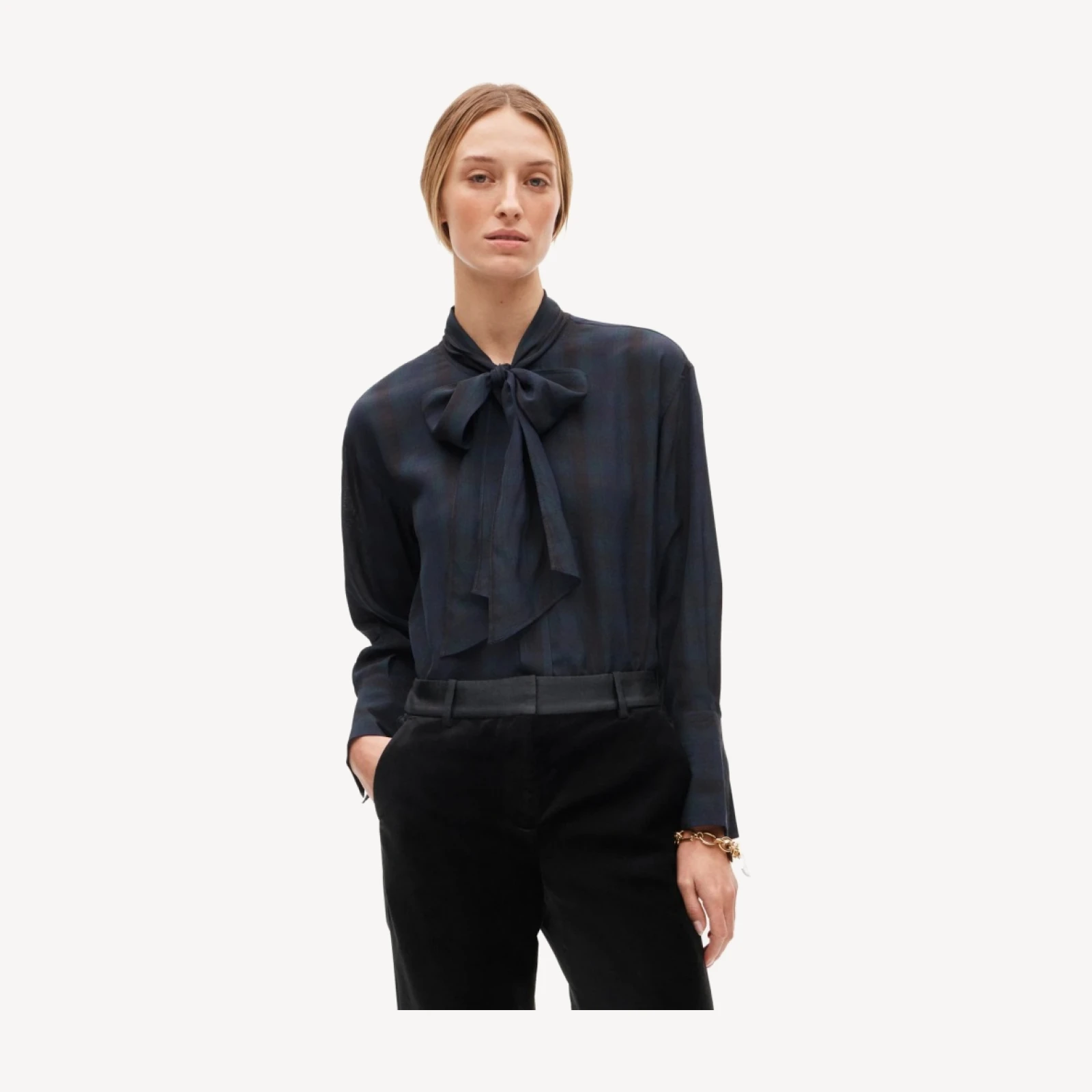 Bow button-up shirt in plaid georgette