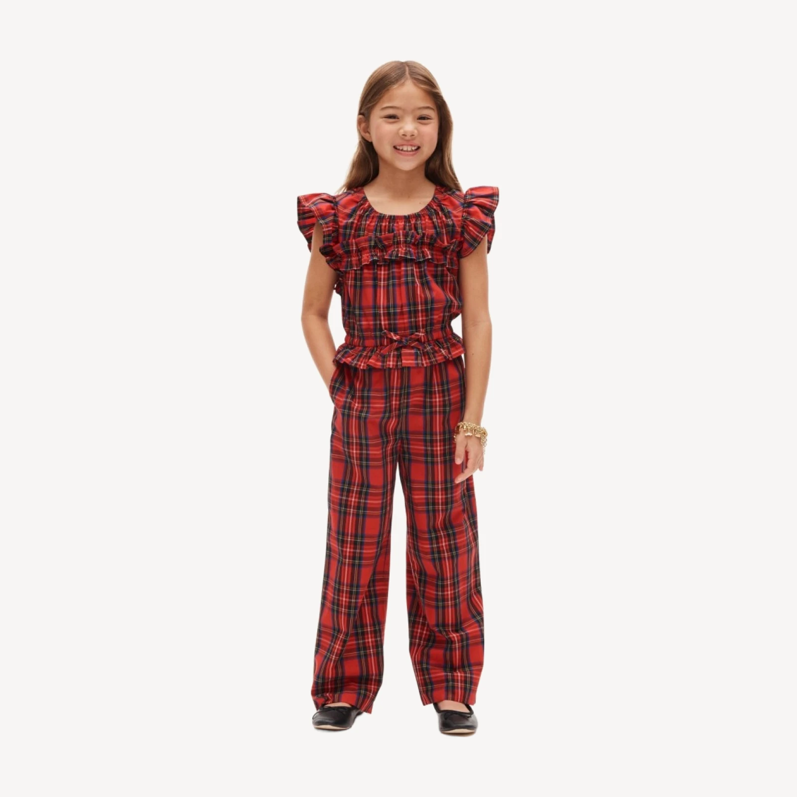 Girls' flutter-sleeve jumpsuit in Good Tidings plaid