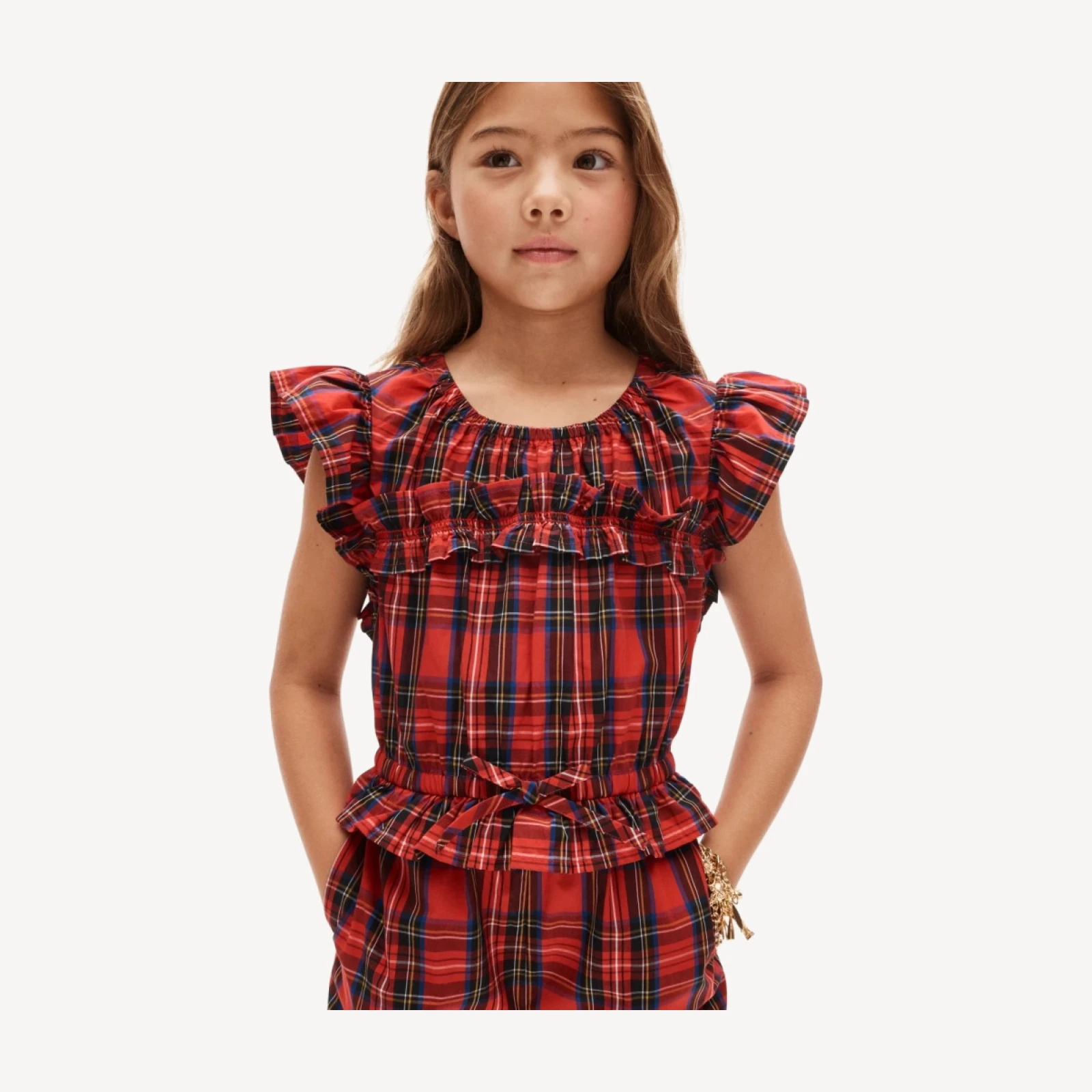 Girls' flutter-sleeve jumpsuit in Good Tidings plaid