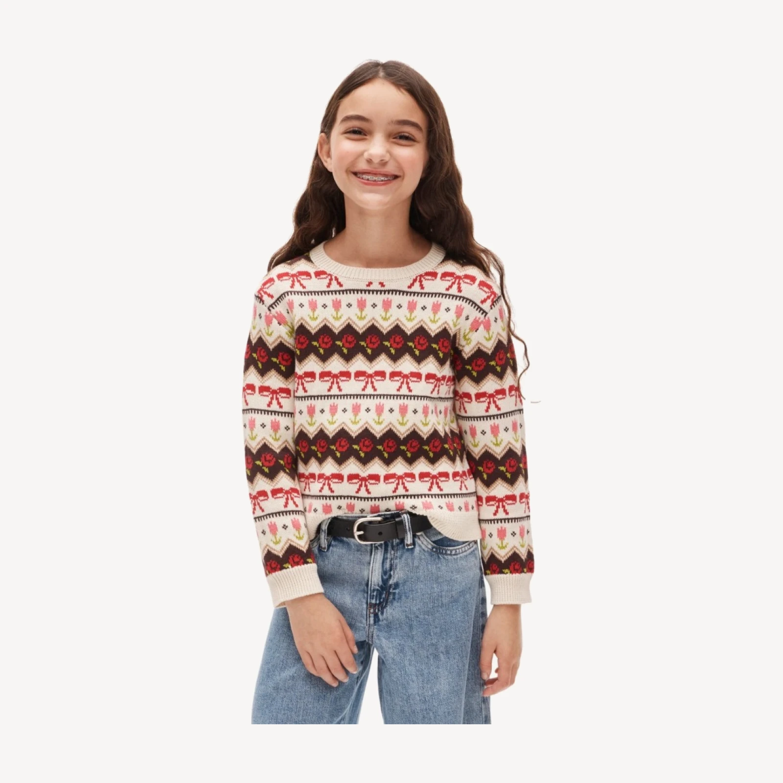 Girls' rose Fair Isle sweater in cotton