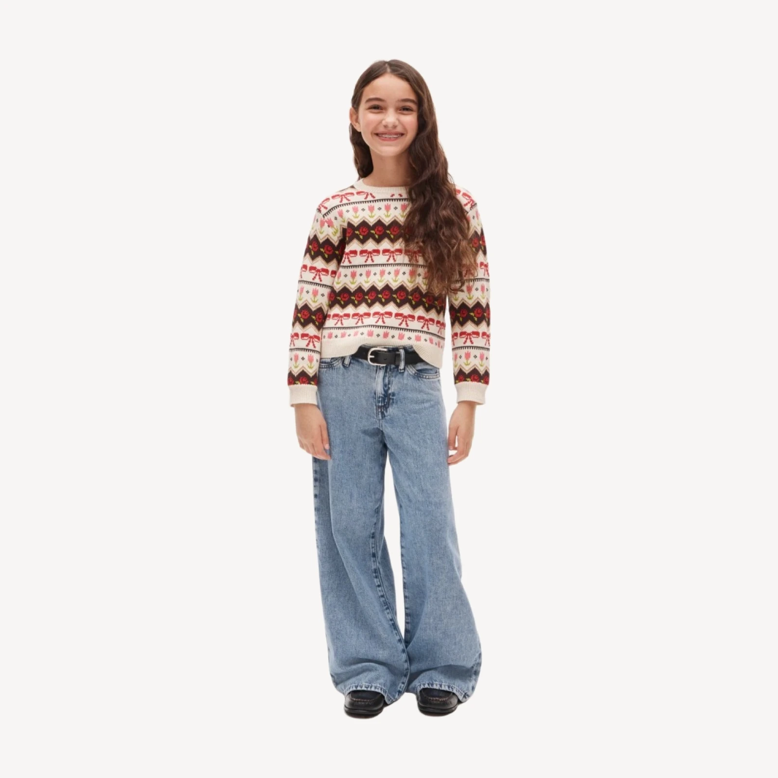 Girls' rose Fair Isle sweater in cotton