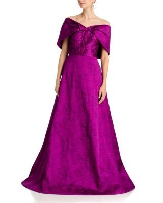 Teri Jon by Rickie Freeman Jacquard Off-The-Shoulder Bow Gown