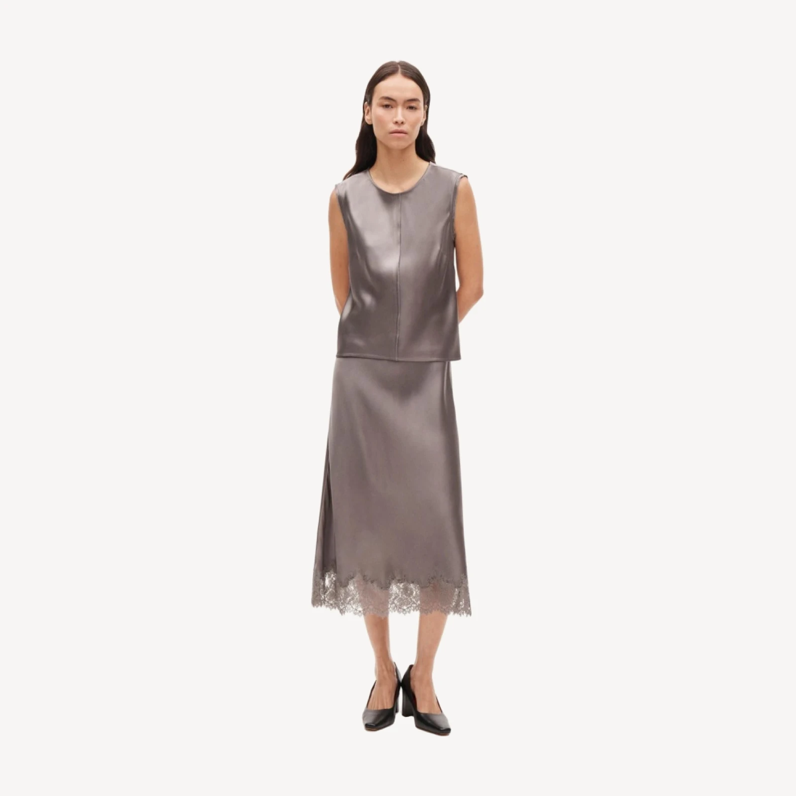 Gwyneth lace column slip skirt in double-faced satin