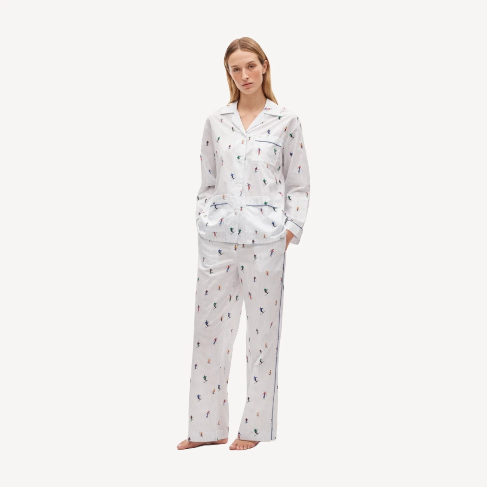 Long-sleeve pajama pant set in cotton poplin ski print