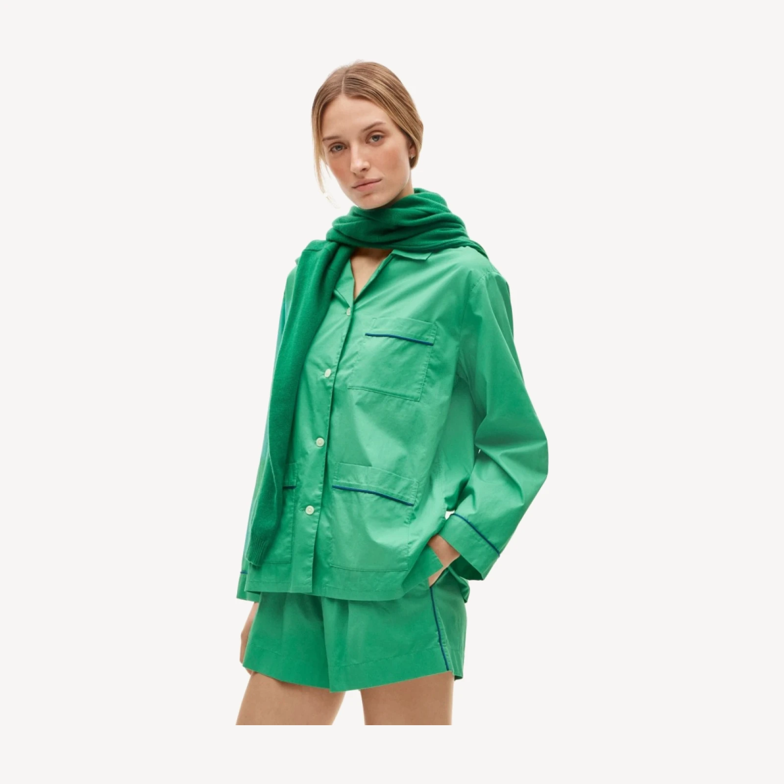 Long-sleeve pajama short set in cotton poplin