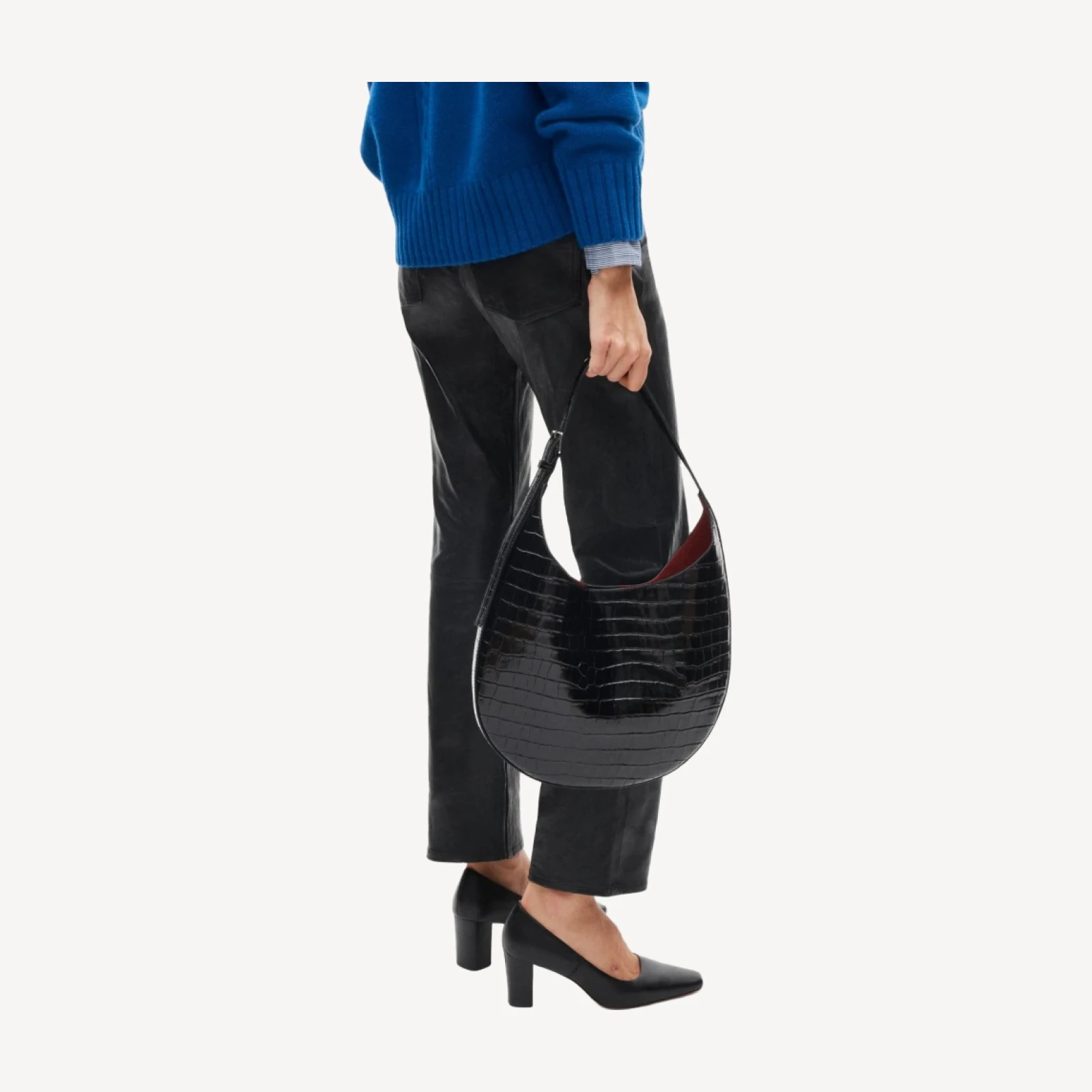 Round shoulder bag in croc-embossed leather