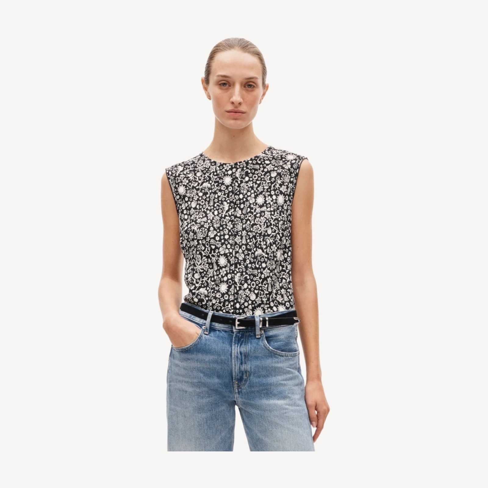 Shell top in charm-print crepe de chine