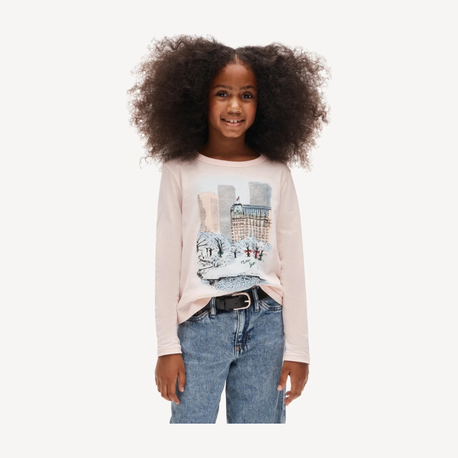 Girls' long-sleeve Central Park graphic T-shirt with glitter