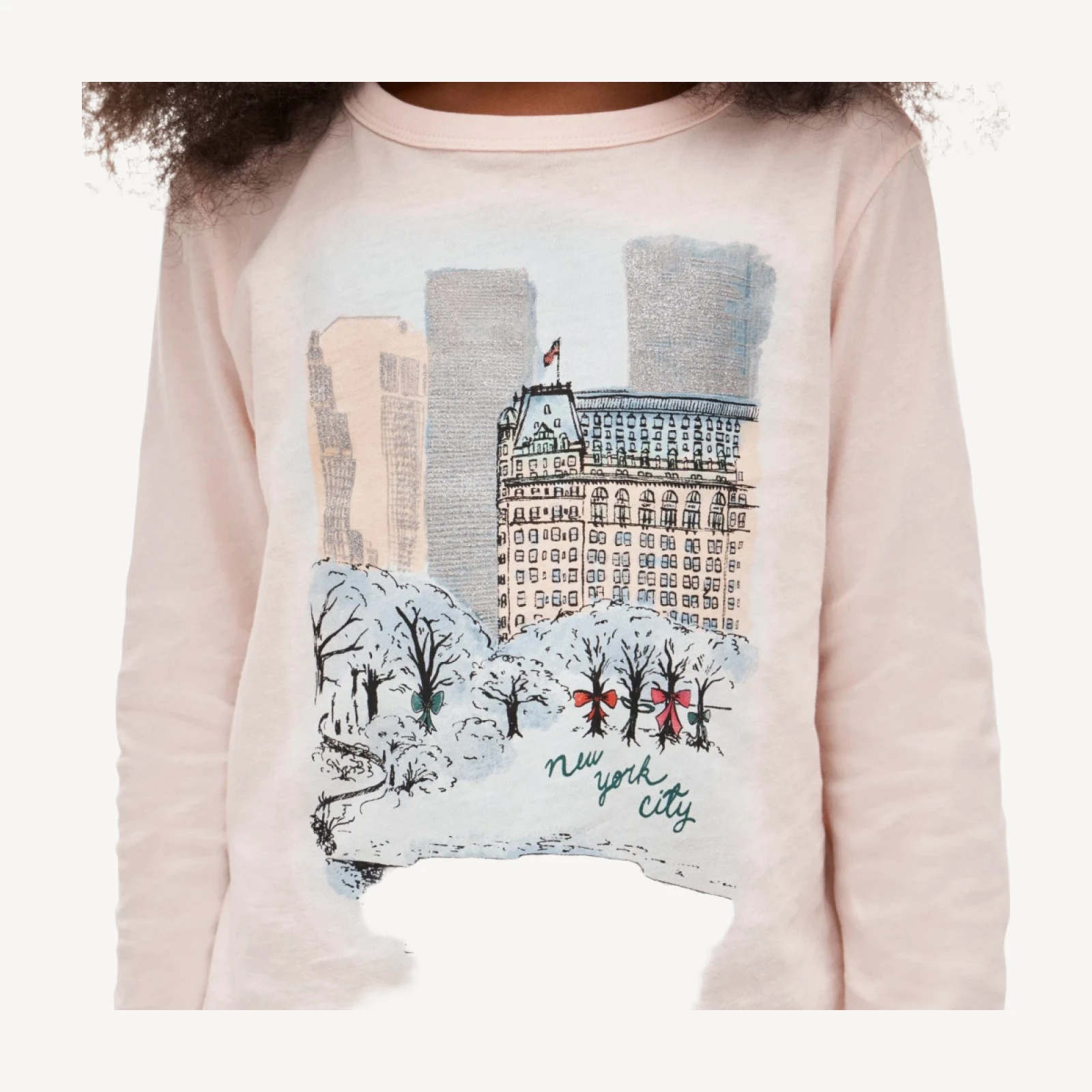 Girls' long-sleeve Central Park graphic T-shirt with glitter