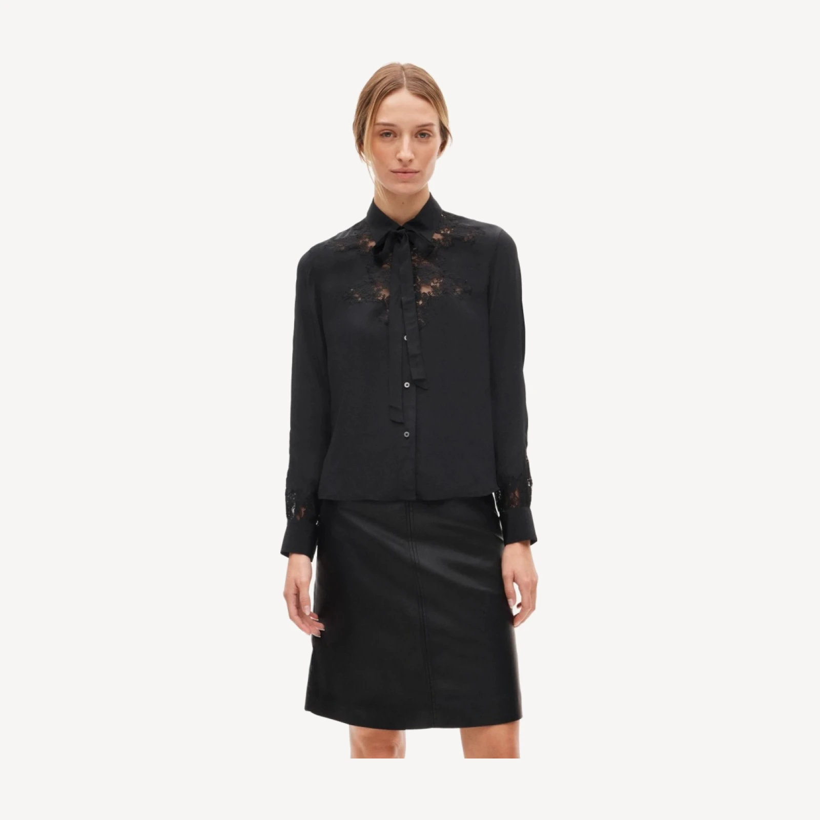 Lace tie-neck button-up shirt in viscose twill