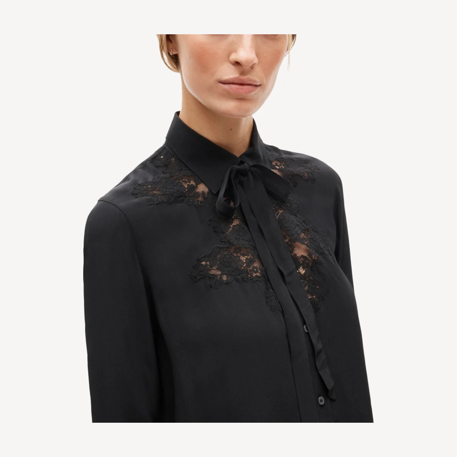 Lace tie-neck button-up shirt in viscose twill