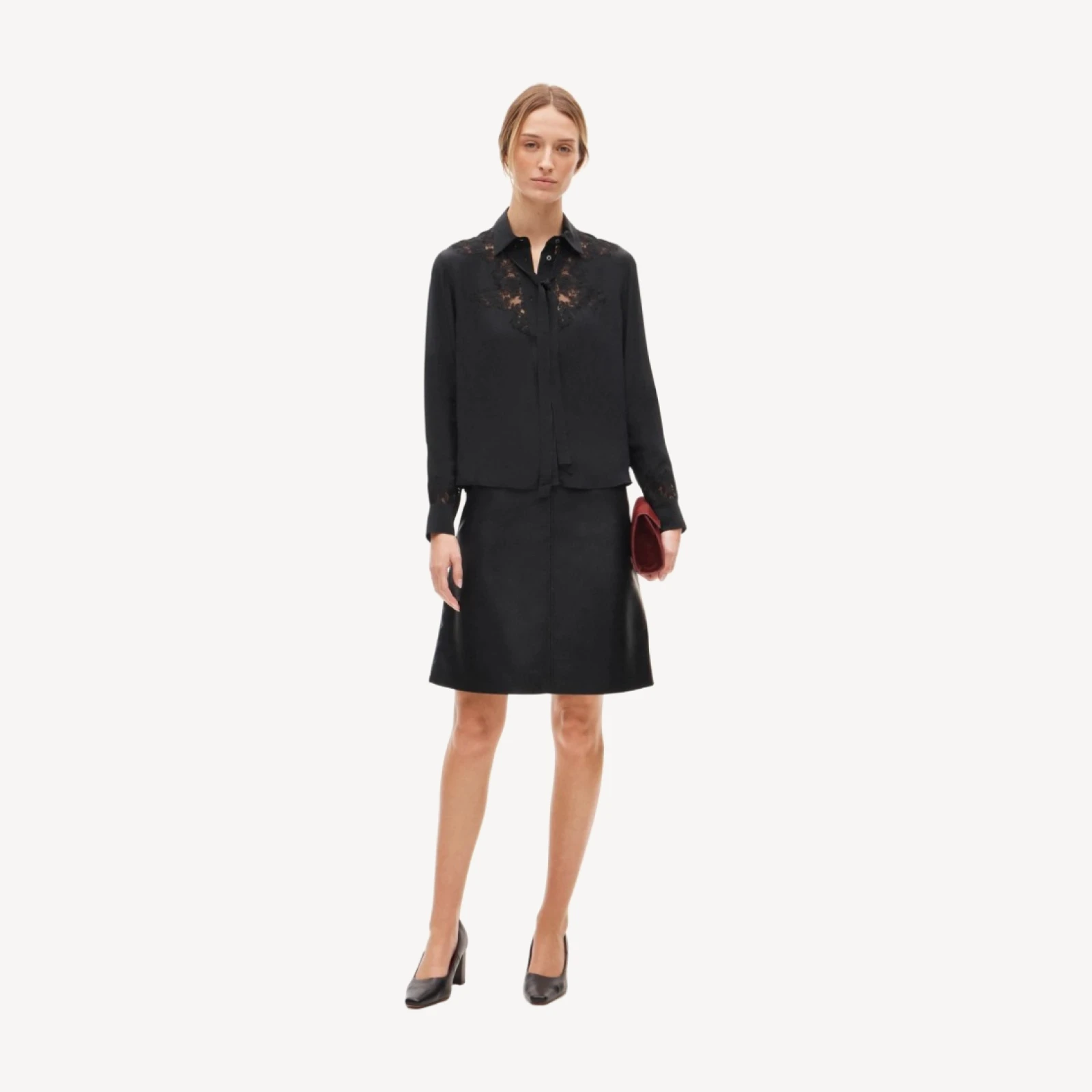 Lace tie-neck button-up shirt in viscose twill