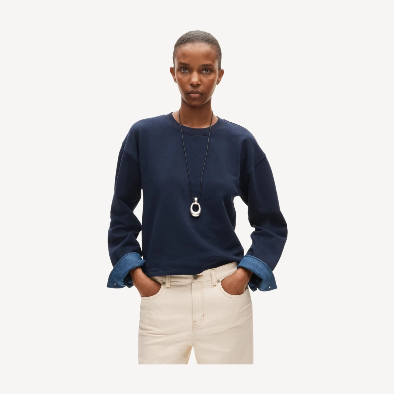Vintage fleece crewneck sweatshirt with denim cuffs