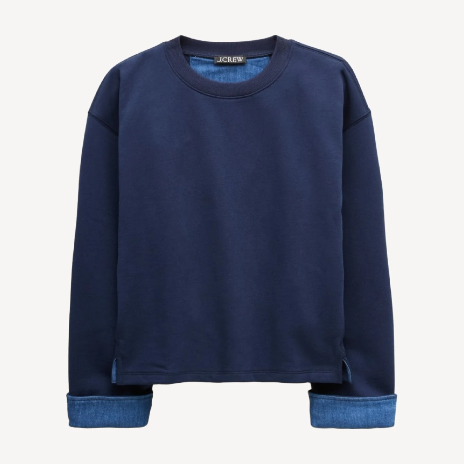 Vintage fleece crewneck sweatshirt with denim cuffs