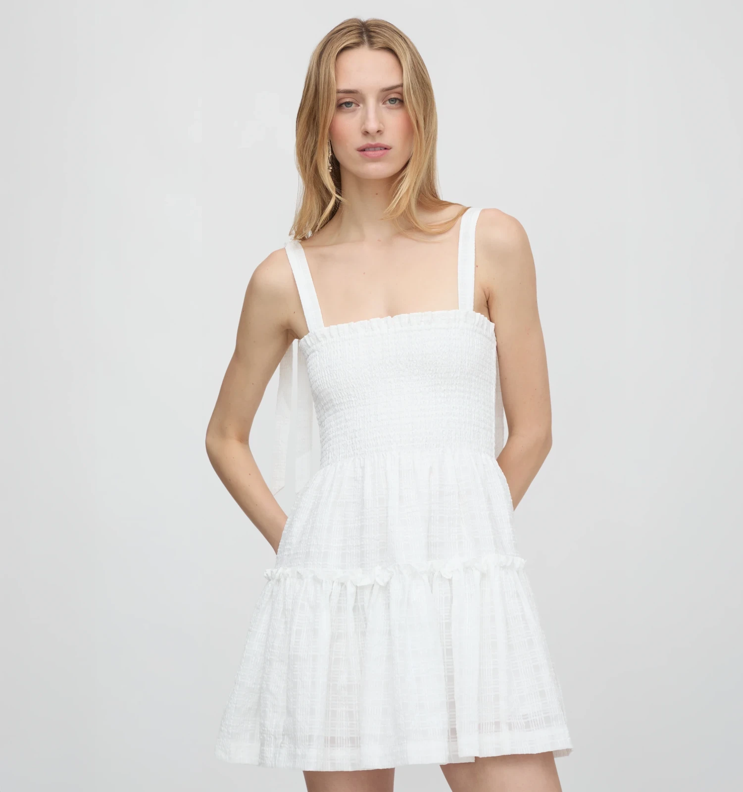 The Ribbon Seraphina Mini Nap Dress - White Crinkle Check