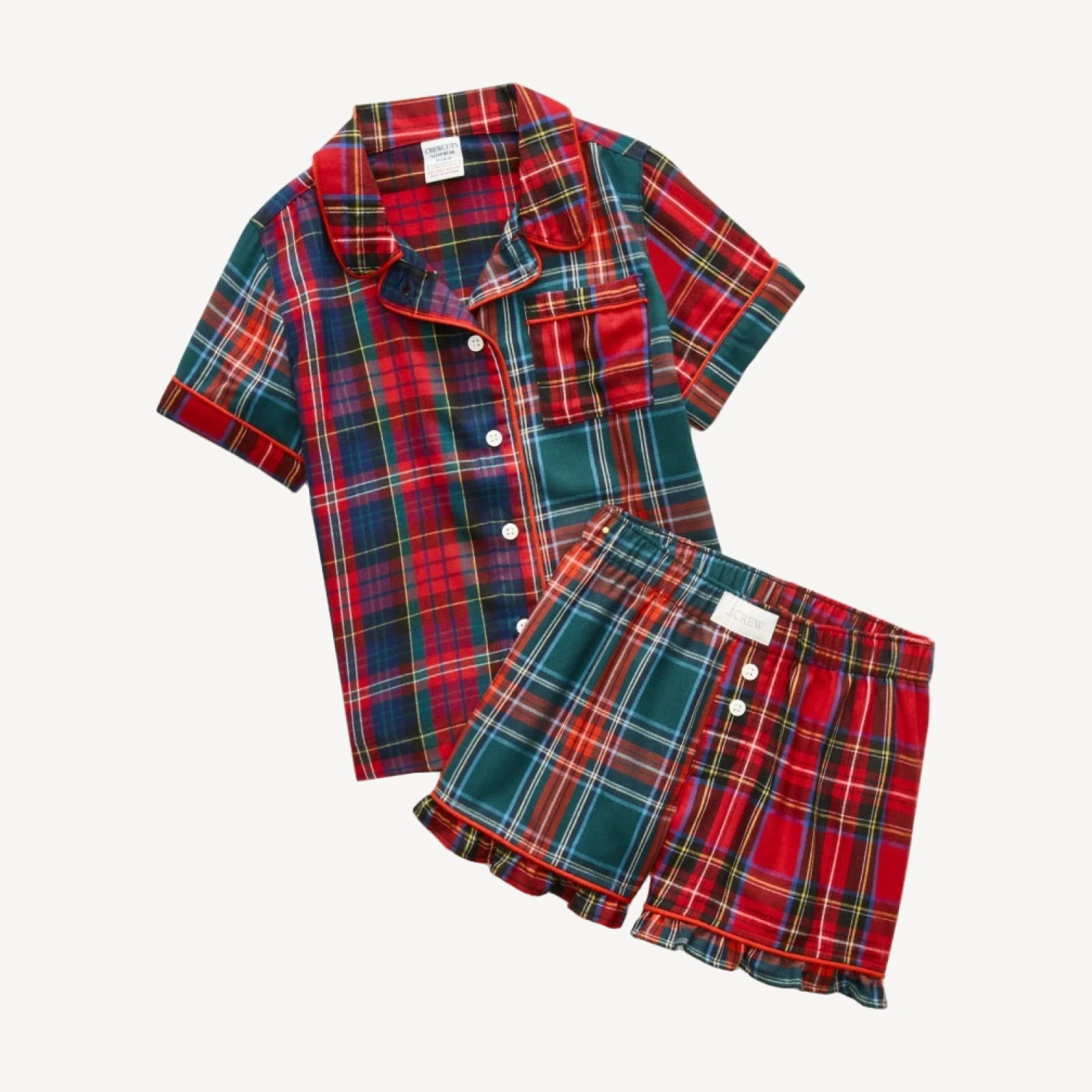 Girls' flannel short-sleeve pajama set in mixed tartan