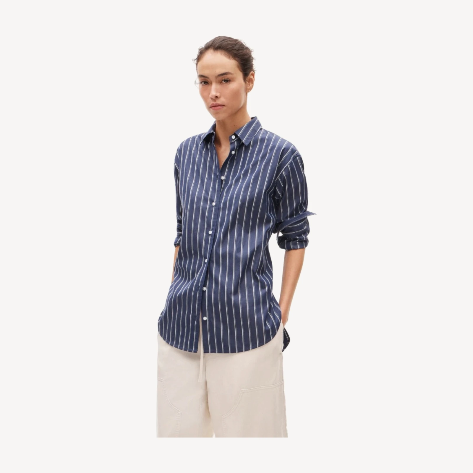 Cinched-back button-up shirt in striped Greenwich poplin