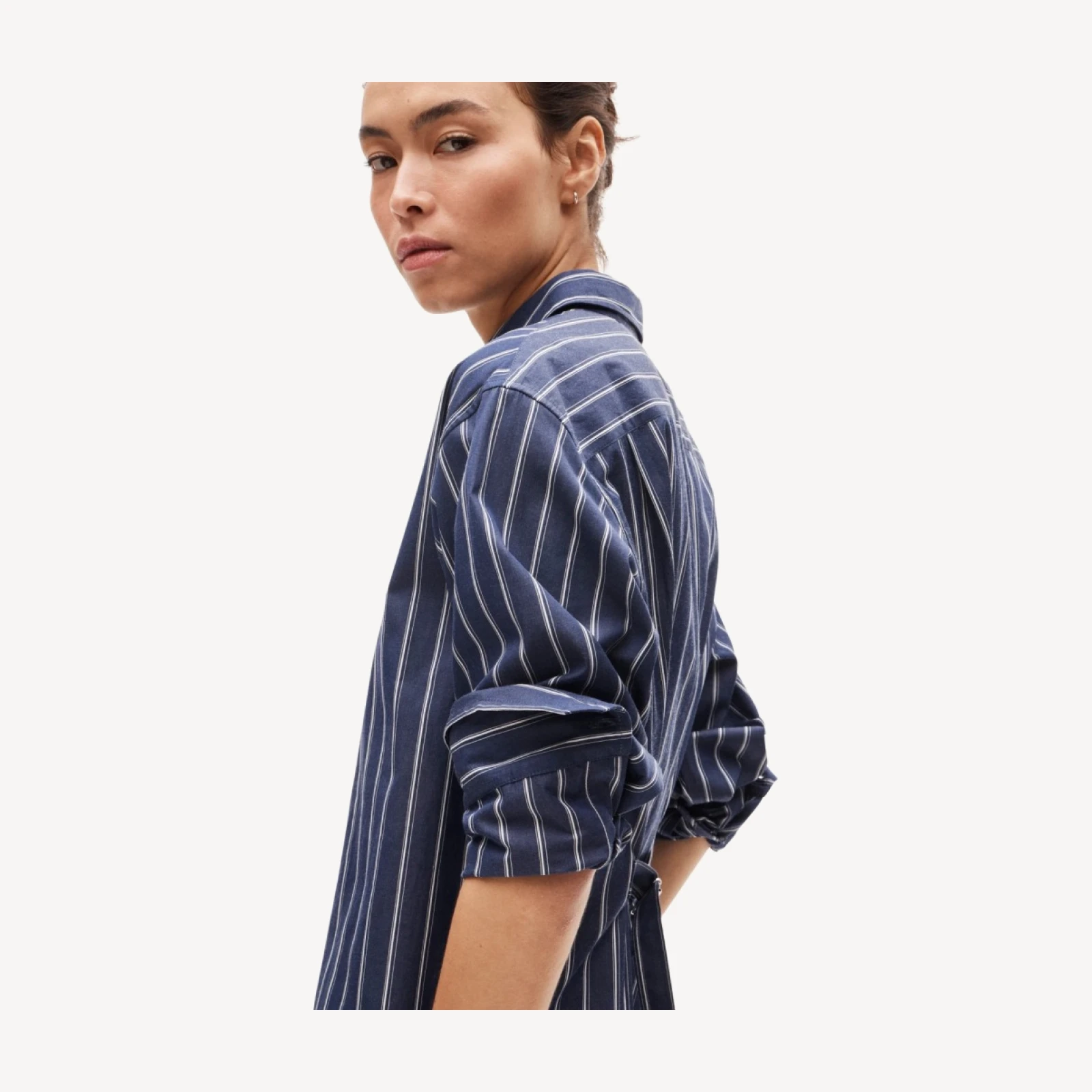 Cinched-back button-up shirt in striped Greenwich poplin