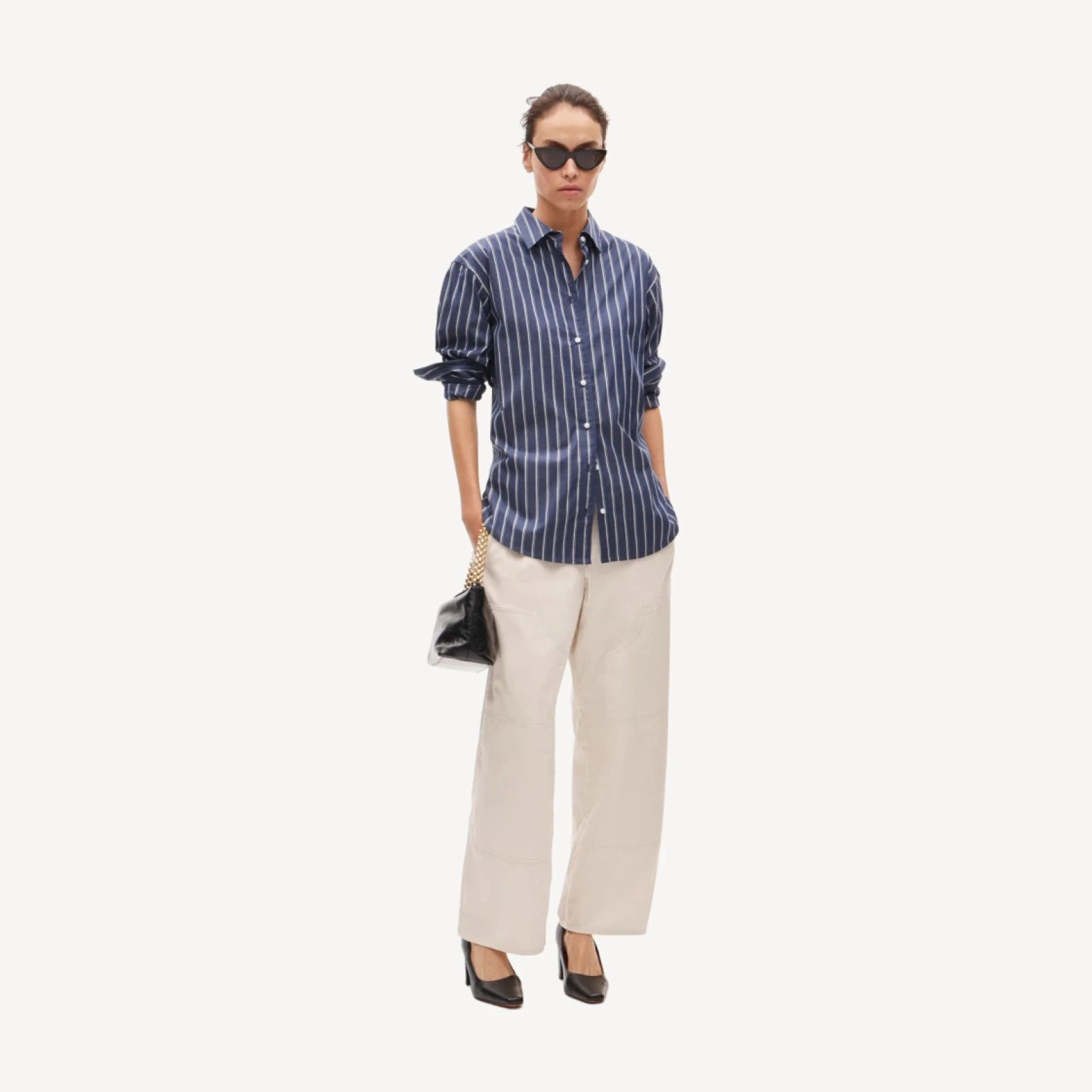 Cinched-back button-up shirt in striped Greenwich poplin