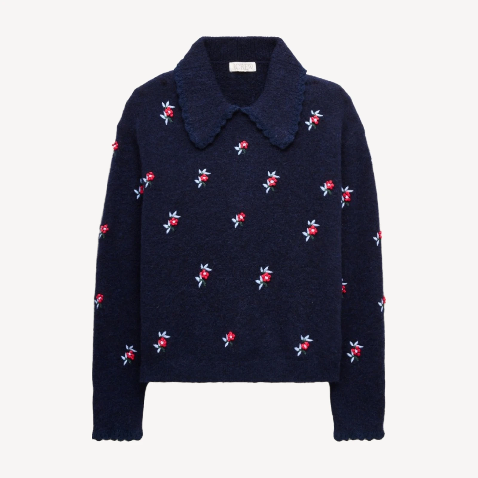 Tipped-collar sweater in alpaca blend with floral embroidery