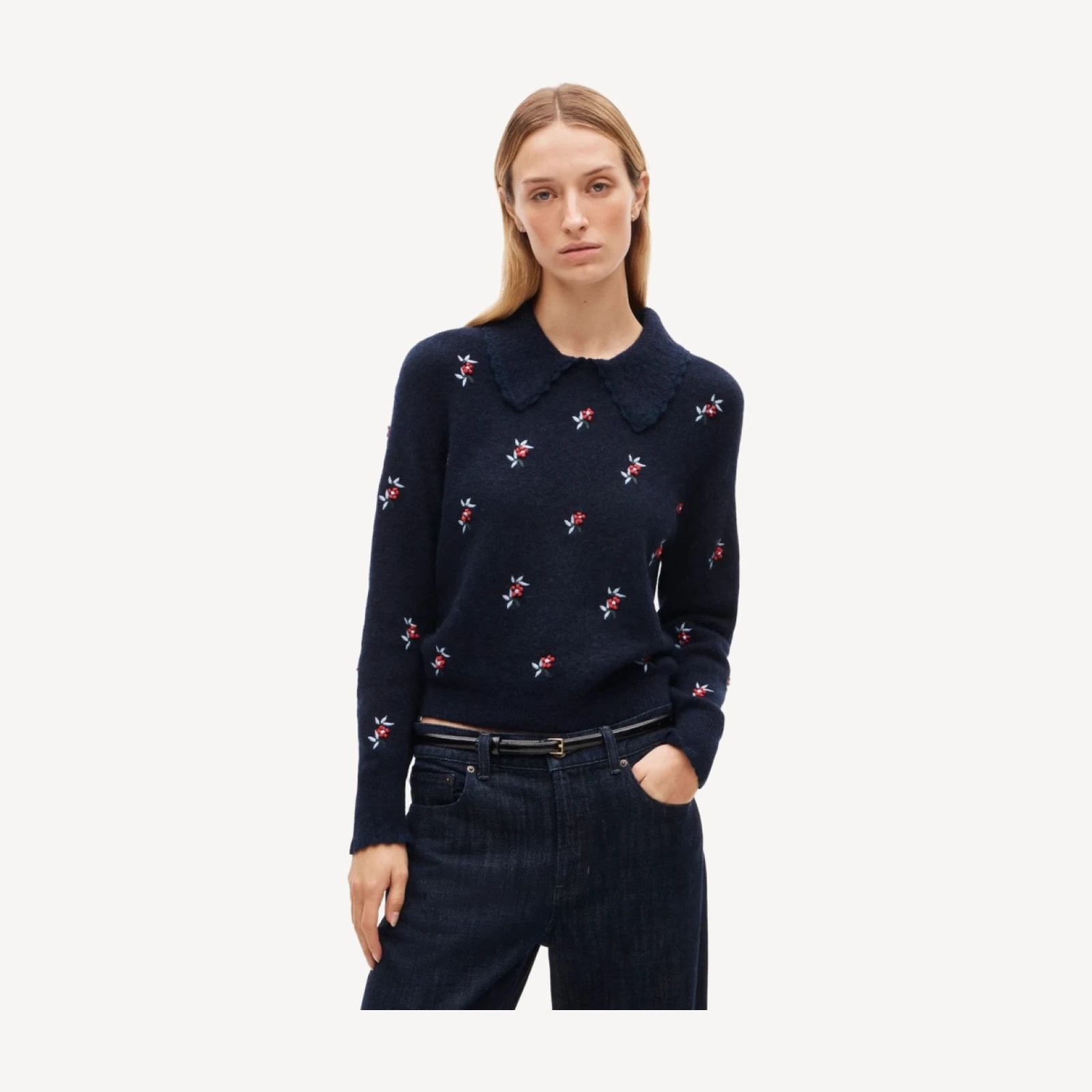 Tipped-collar sweater in alpaca blend with floral embroidery