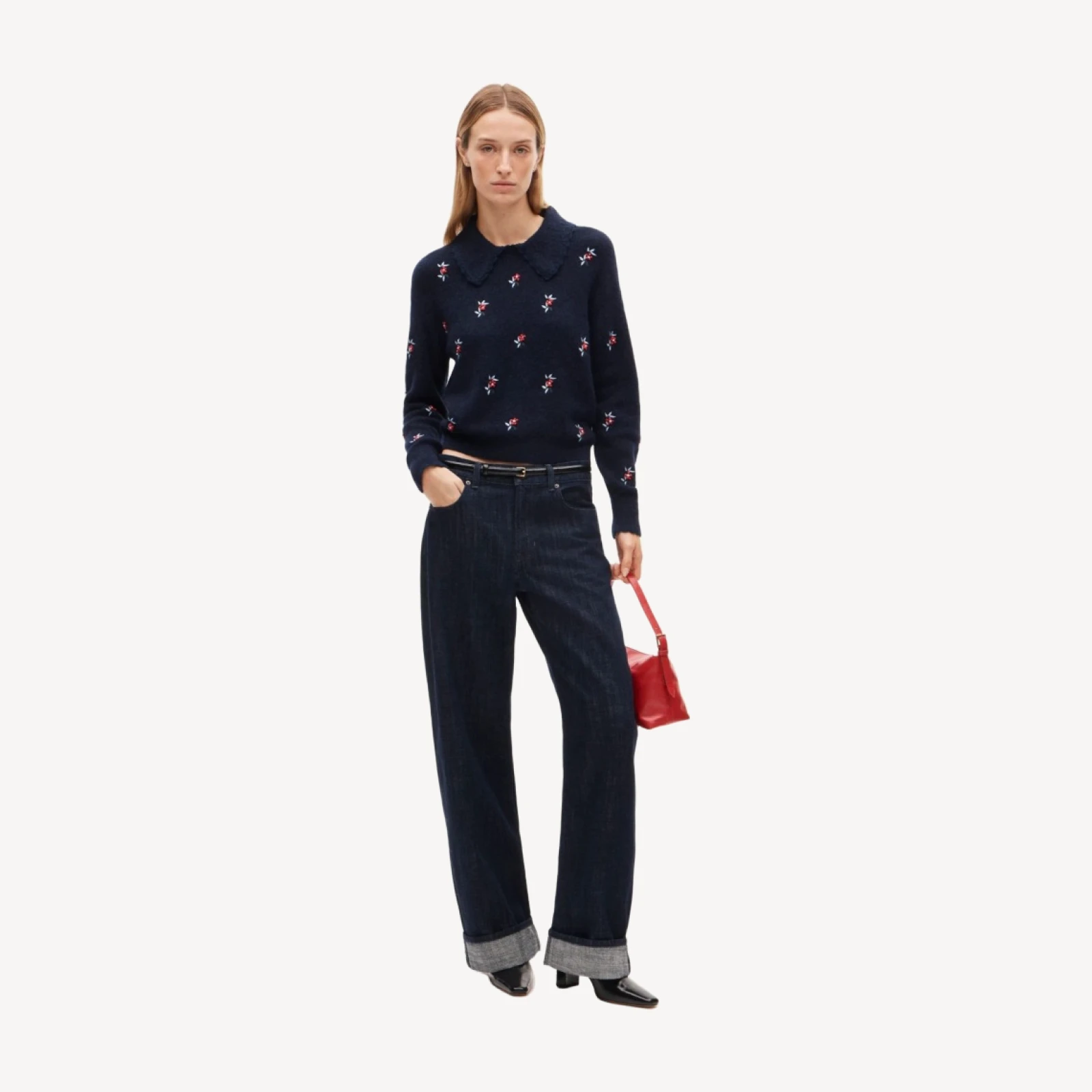 Tipped-collar sweater in alpaca blend with floral embroidery
