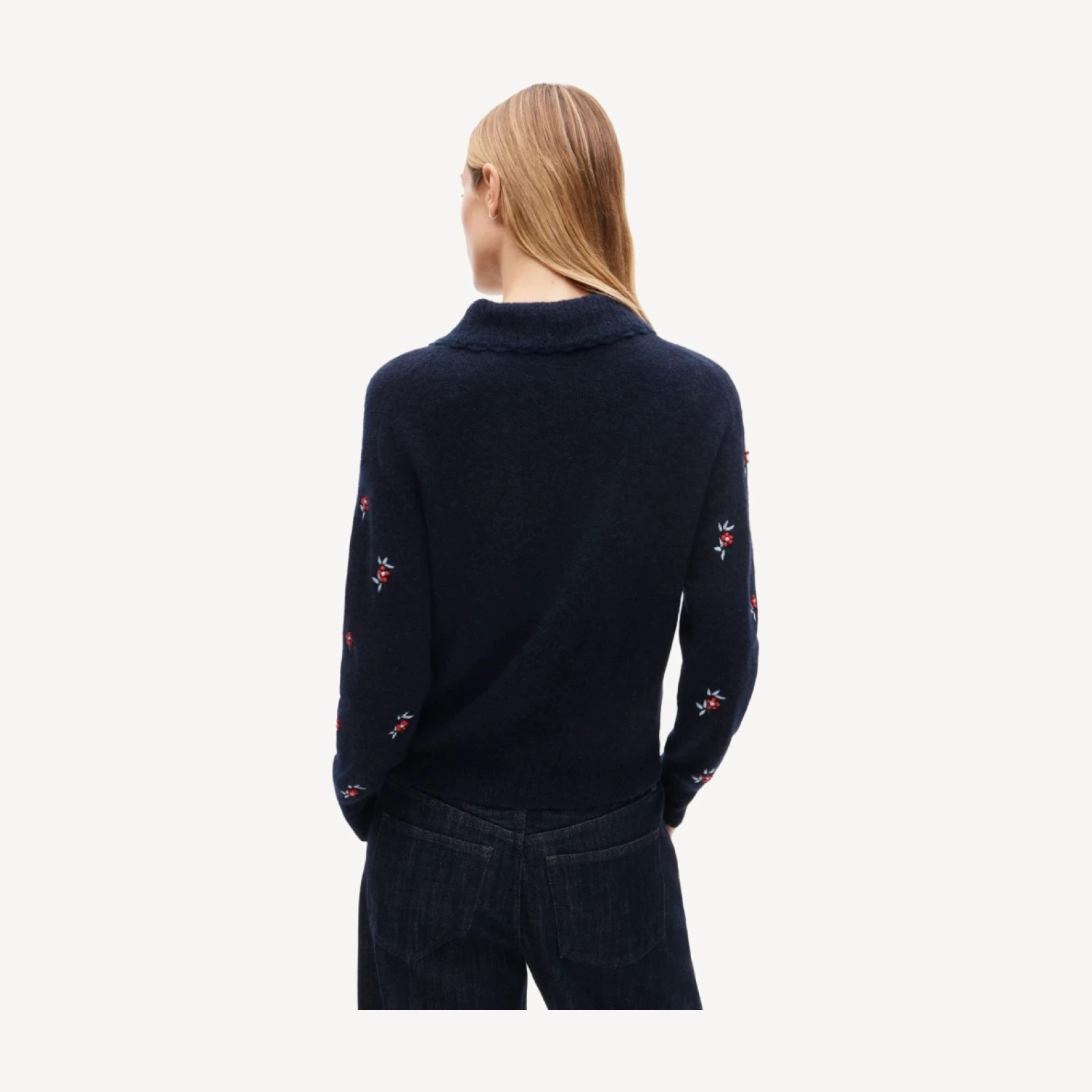 Tipped-collar sweater in alpaca blend with floral embroidery
