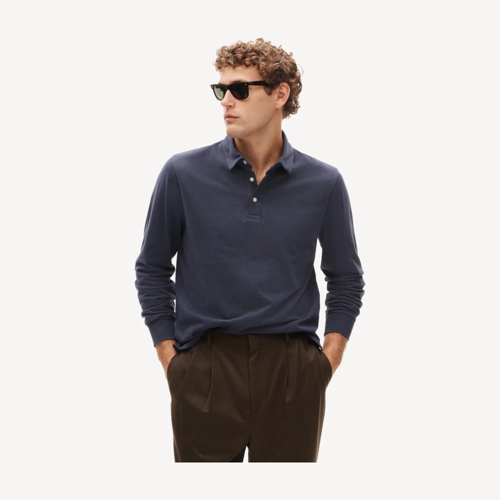 Long-sleeve sueded cotton polo shirt