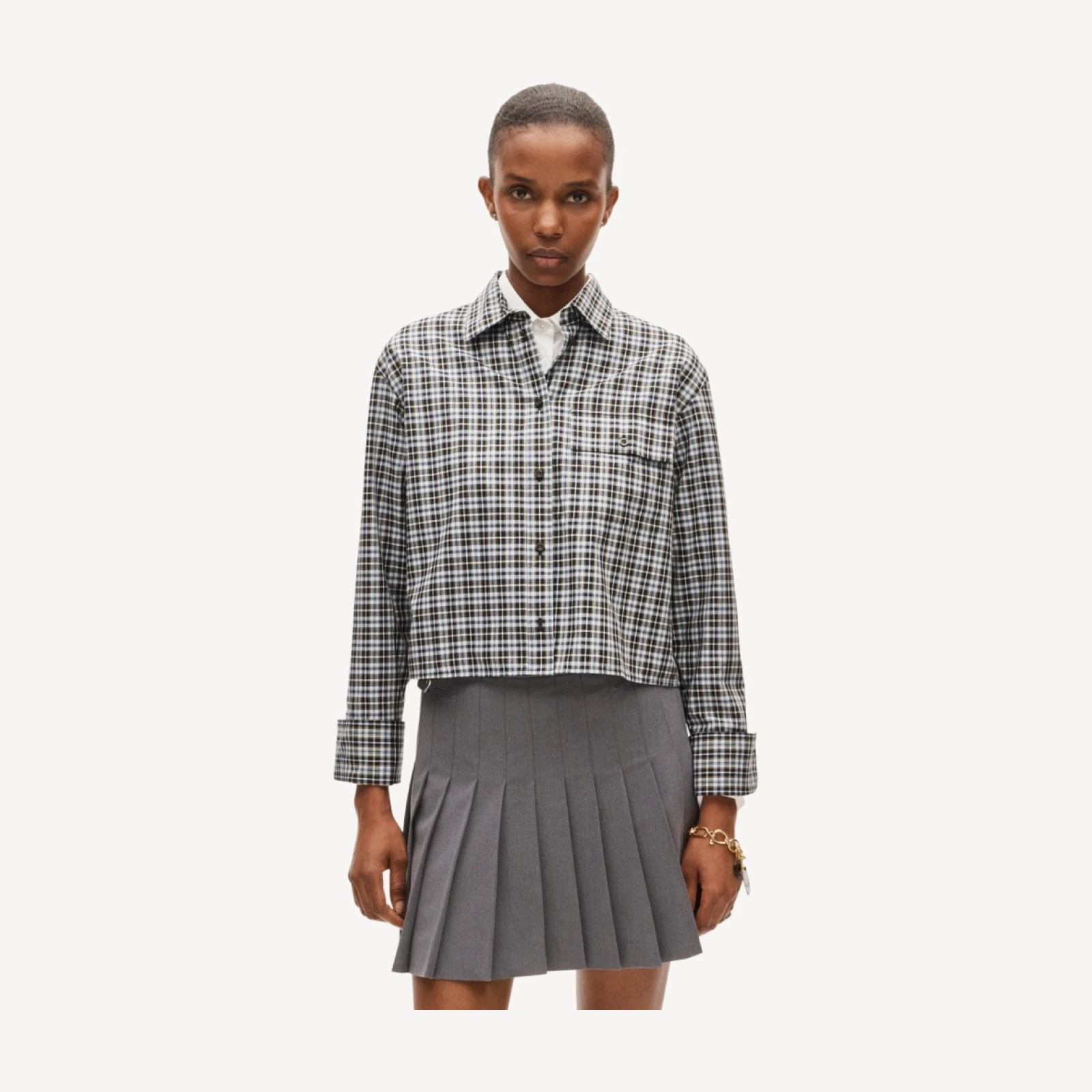 Esme cropped button-up shirt in plaid Greenwich poplin