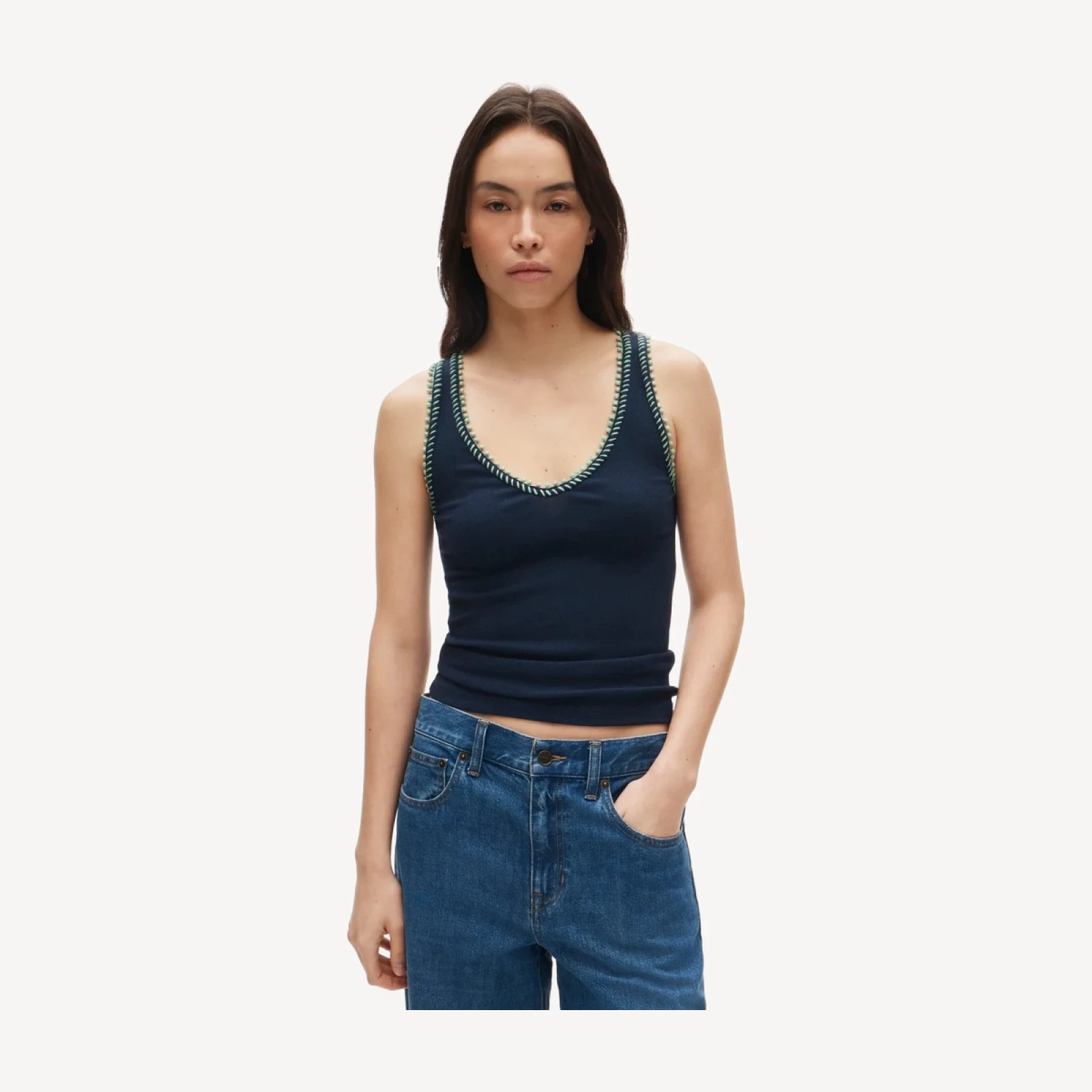 Perfect rib V-neck tank top with hand-stitched trim