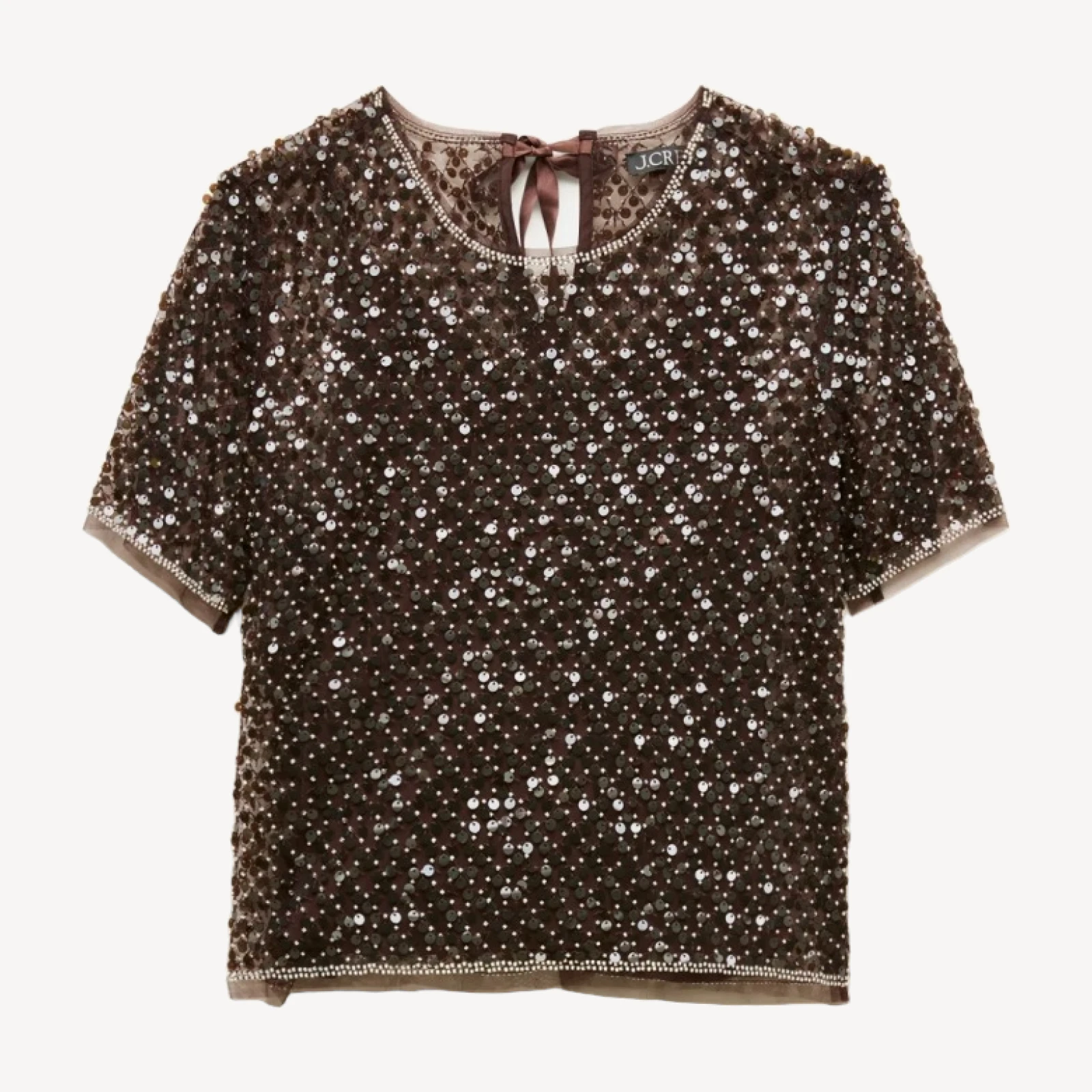 Embellished tulle short-sleeve top
