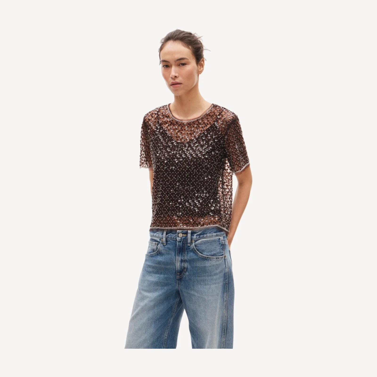 Embellished tulle short-sleeve top