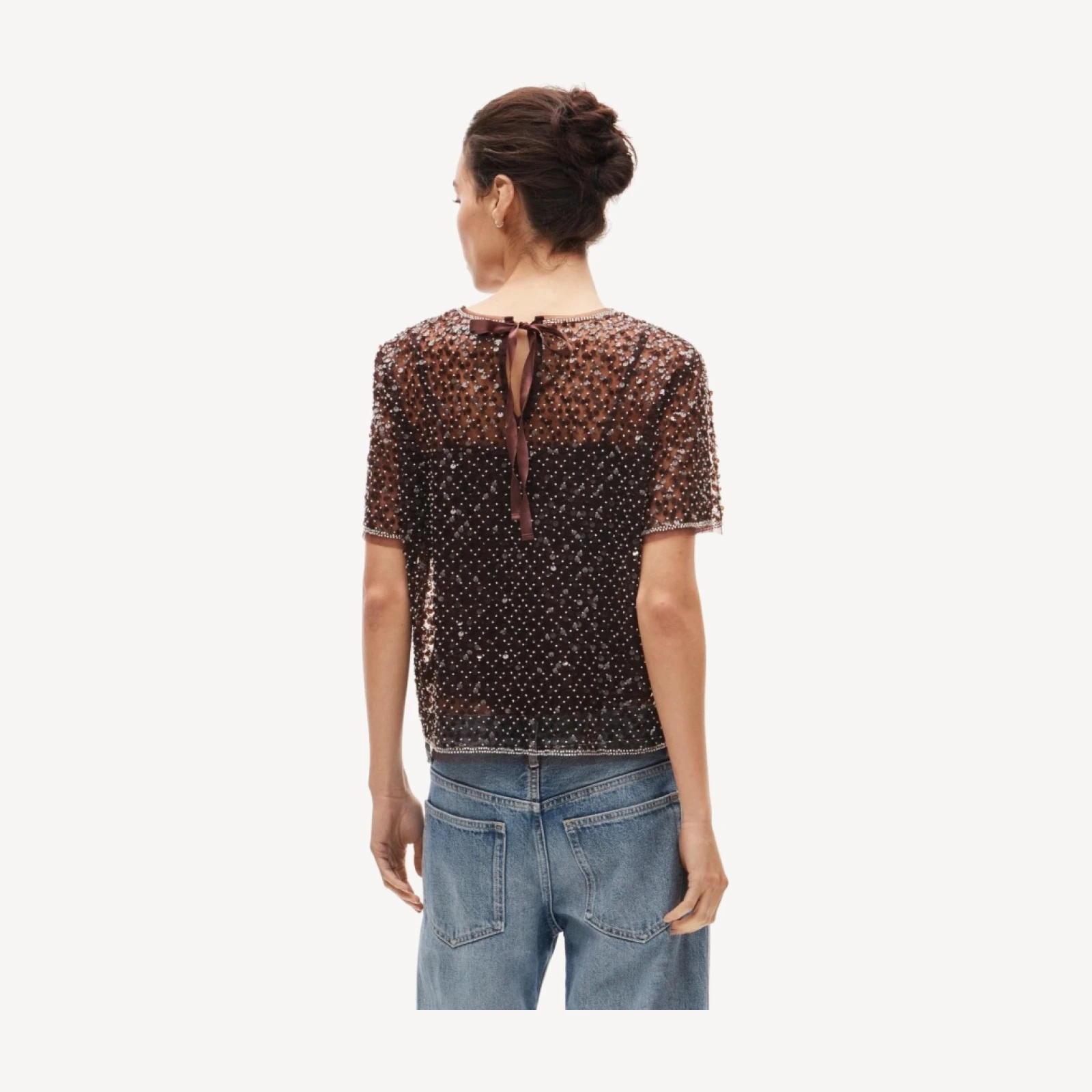 Embellished tulle short-sleeve top