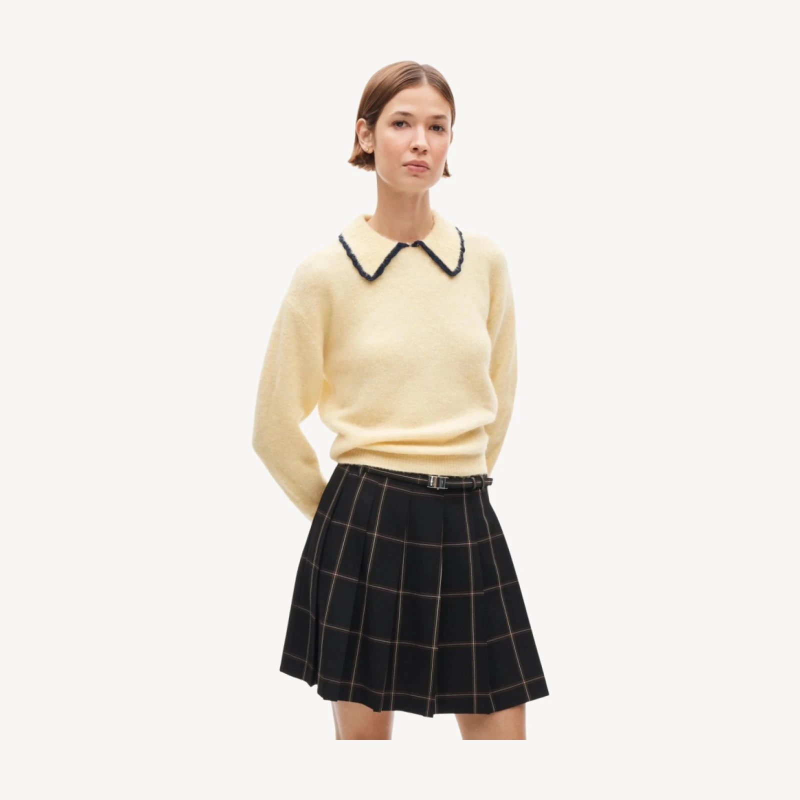 Pleated prep skirt in windowpane Gramercy suiting